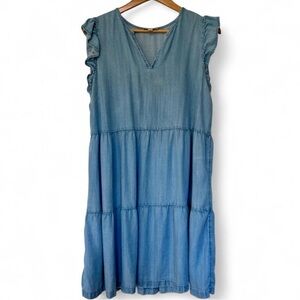 Chambray Denim V-Neck Flutter Cap Sleeve Tiered Minimalist Cottage Prairie Dress